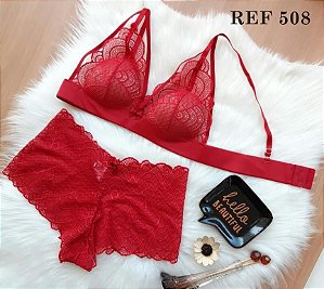 CONJUNTO COM BOJO TRIANGULO INTEIRO EM RENDA STRAPP CALCINHA KALESSON Ref.: 508 - Vermelho