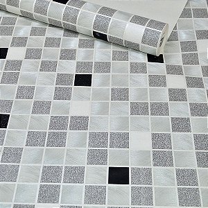 Papel de Parede Quadriculado Branco e Cinza Chumbo 3m