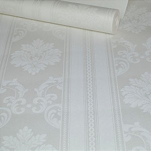 Papel de Parede Listras e Damask Branco (Com Glitter)