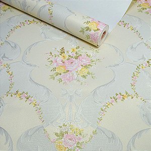 Papel de Parede Bege Claro com Cinza e Flores Rosas