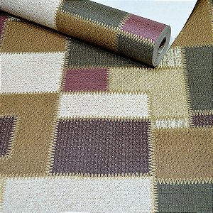 Papel de Parede Estilo Patchwork - Verde Musgo, Bege, Bordô e Dourado