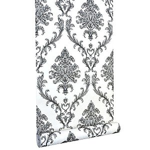 Papel de Parede Offwhite com Damask Cinza e Preto