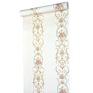 Papel de Parede Pérola com Flores Rosas e Ramos Dourados