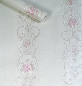 Papel de Parede Pérola com Flores Rosas e Ramos Pérola