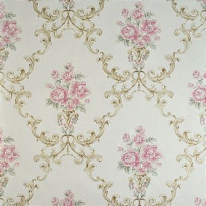 Papel de Parede Floral Fundo Bege com Flores Rosas e Ramos Dourados