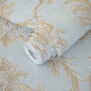 Papel de Parede Azul Claro com Damask Dourado