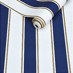 Papel de Parede Listrado Azul Dourado e Offwhite