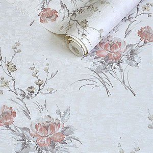 PAPEL DE PAREDE VINÍLICO IMPORTADO TEXTURA FLORAL - BRANCO PEROLADO | CINZA CLARO | ROSA