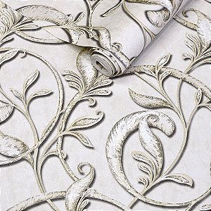 PAPEL DE PAREDE VINÍLICO IMPORTADO TEXTURA ESTILO ARABESCO - BEGE CLARO | DOURADO