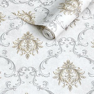 PAPEL DE PAREDE VINÍLICO IMPORTADO TEXTURA ESTILO ARABESCO - CINZA CLARO | MARROM DOURADO