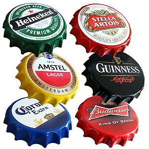 Kit 6 Placas tampinhas decorativas - Cervejas - 27,5 cm - Heineken, Budweiser, Guinness, Stella, Corona, Amstel