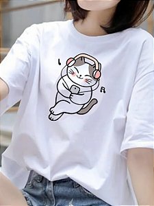 Camiseta Thirt Camisão - Camisa Gatinho Fofo De Fone Music Poliéster Camisa Branca - Academia ou Dia Dia