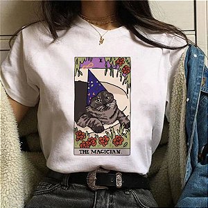 Camiseta de manga curta com estampa do gato tarot feminino, camiseta dos desenho