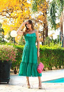 Vestido midi com babado no busto Micaela Eva Bella