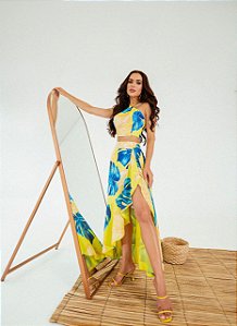 CONJUNTO CROPPED E SAIA ENVELOPE FOLHAGEM NEON