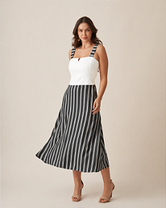 Vestido Midi Listrado Grafite Nuxx