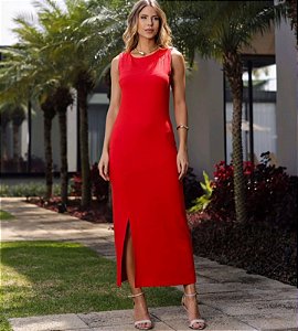 Vestido Midi Vermelho com Fenda em Viscose e Elastano – Nuxx