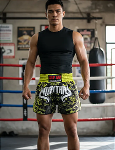 Short Muay Thai Calção Tailandês Unissex - Premium Verde Limão