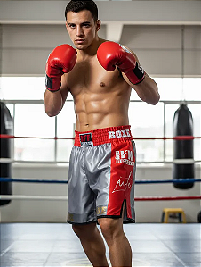 Calção de Boxe Premium Profissional - Prata E Vermelho