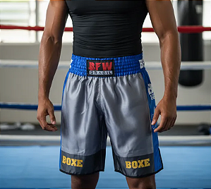 Calção de Boxe Premium Profissional - Prata E Azul