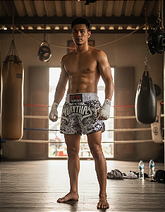 Short Muay Thai Calção Tailandês Unissex - Premium Branco