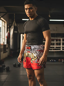 Short Muay Thai Calção Tailandês Premium Unissex - Gold Vermelho