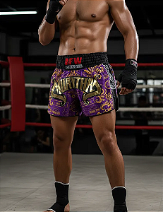 Short Muay Thai Calção Tailandês - Premium Roxo e Dourado