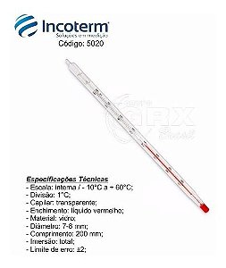 Termômetro Vidro Líquido Vermelho 5020 (-10°c /+60°c)