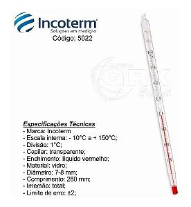 Termômetro Vidro Líquido Vermelho 5022 (-10°c /+150°c)