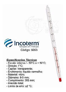 Termômetro Vidro Líquido Vermelho 5053 / -50°c +50°c