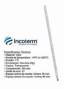 Termômetro De Vidro Incoterm Trava 5062 (-10°c /+200°c)