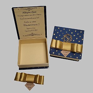Caixa Convite Azul Marinho Corações Dourado com Brasão