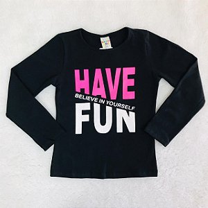 Blusa Infantil Preta Manga Longa com Rosa Neon da Have Fun