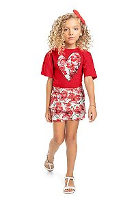 Conjunto Infantil com Vermelho Short Saia Floral da Quimby