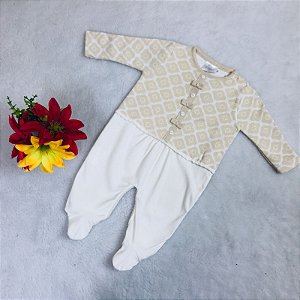 Macacão de Bebê Feminino Bege c/Floral da Malharia Noruega