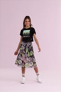 Blusa Juvenil Cropped Preta Estampa de Abacate da Vanilla Cream