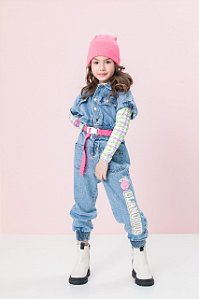 Macacão Jeans Infantil feminino Manga Curta Málagah