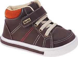 Bota Bebê e Infantil Masculina Marrom Cadarço Fixo e Velcro