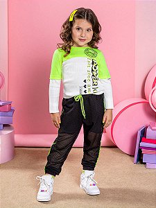 Conjunto Infantil Feminino Calça Preto Verde Neon Animê