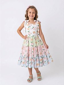 Vestido Infantil de Festa Alça Ursinhos e Flores Petit Cherie