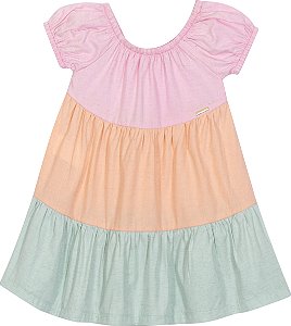 Vestido Infantil Soltinho com Três Babados Viscose com Linho