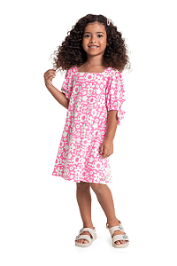 Vestido Infantil Casual da Quimby Floral Pink Neon