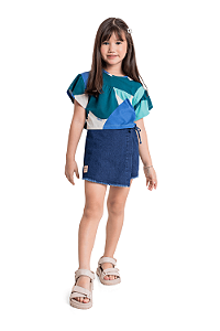 Conjunto Infantil Arrumado da Quimby Shorts Saia Jeans