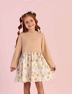 Vestido Infantil da Mon Sucré Bege Litlle Cats Manga Longa