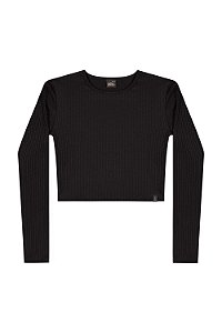 Blusa Juvenil Manga Longa da Gloss Malha Canelada Preta