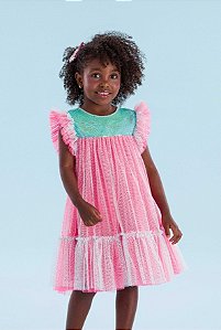 Vestido de Festa Infantil Pink Neon Mon Sucré Tule Brilho