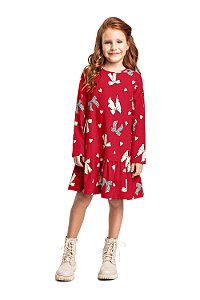 Vestido Infantil Manga Longa Estampado Vermelho