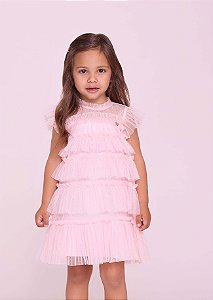 Vestido Festa Infantil Rosa Babados Tule