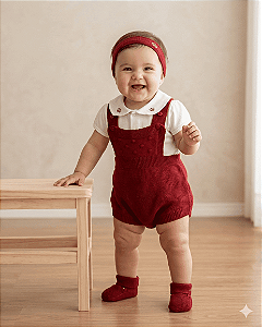 Jardineira Tricô Bebê Menina Vermelha Body