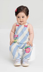 Jardineira Bebê Menina Listrada Azul e Branca